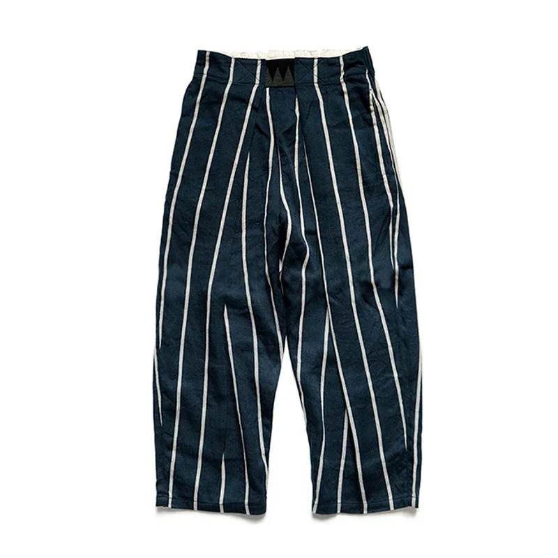 KAPITAL Japanese Style Twocolor Cotton Linen Stripe Breathable Casual Mens and Womens Loose Pants Washed Army Green Trousers 240806