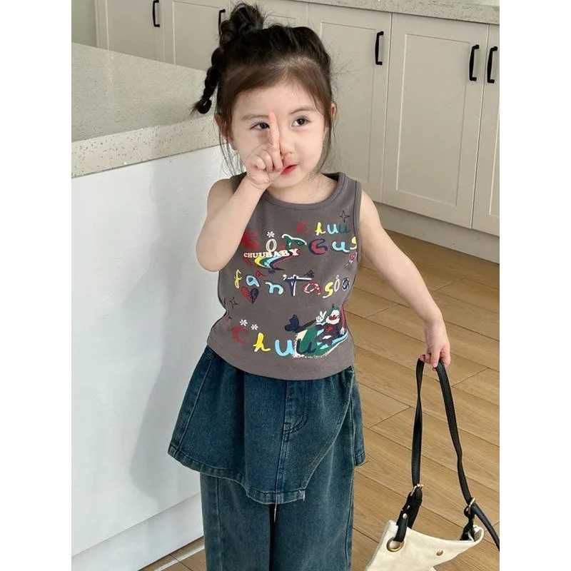 Jeans Girls Jeans Korean Straight Leg Trousers Boys Fake Two-piece Long Pants Girls Fashionable Handsome Kid Childrens Gray Culottes