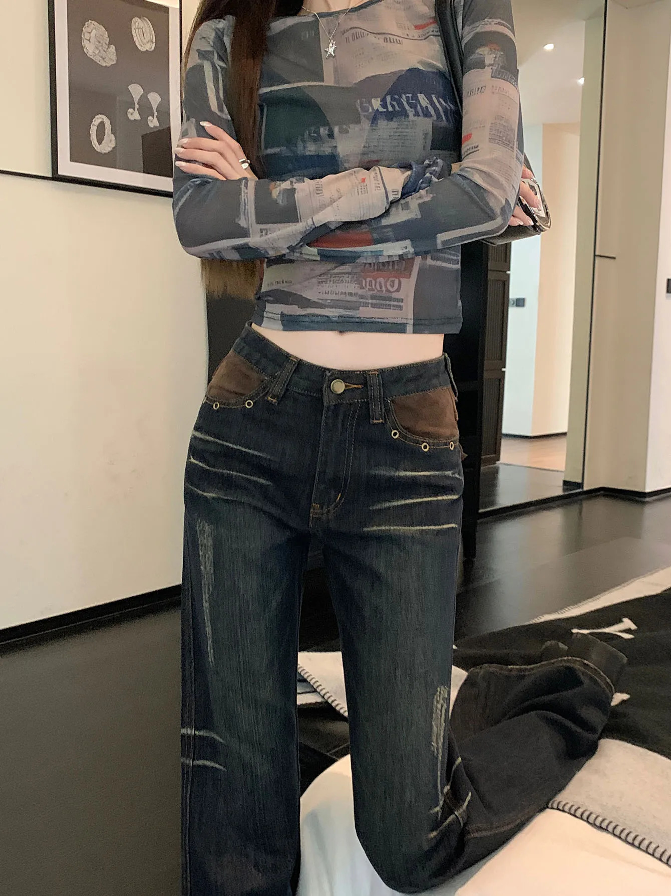 ReddaChic Cowgirl Splicing Flare Jeans Vintage Blue Denim Bell Bottoms Grunge Y2k Bootcut Pants 90s Retro Harajuku Streetwear 240807