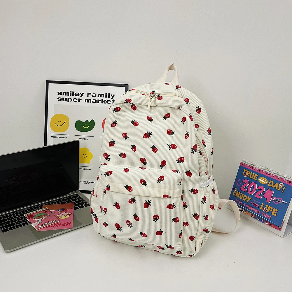 Corduroy Strawberry Backpack Fashion Notebook Large Capacity Leisure Travel Adjustable Shoulder Straps 240807