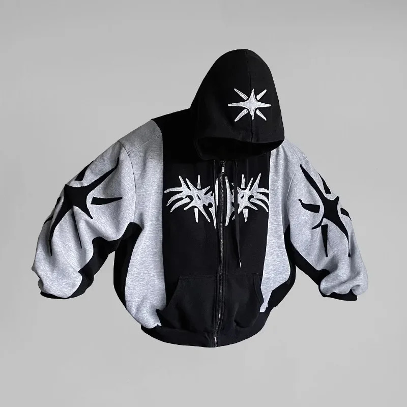 Y2K Streetwear Zip Up Hoodie Harajuku Patchwork Goth Vintage Hip Hop Oversized Men Women Sweatshirt Fashion Casual Tops 240806