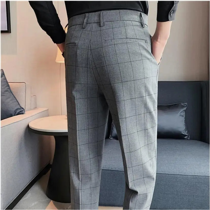 High Quality Mens Formal Pants Office Social Business Fashion Plaid Suit Casual Slim Wedding Street Wear Trousers 38 240806