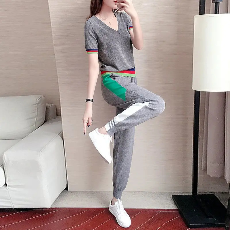 Sports Suit Womens Summer Style Fashion Loose Casual Short Sleeve Color Matching Leggings Two-piece Set Tracksuit 240807
