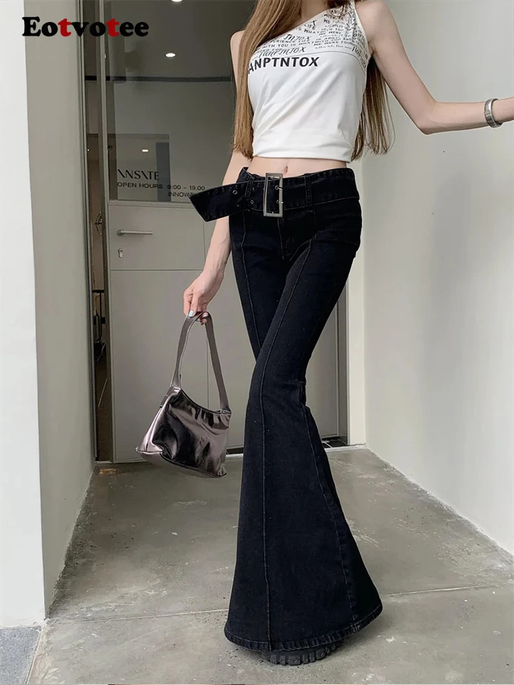 EOTVOTEE Korean Fashion Flare Low Waist Jeans Trousers Pattern Streetwear Casual Button Black Jeans Y2K Full Length 240807