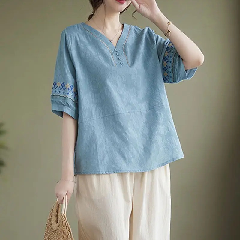 Women Summer Vintage Fashion Loose Solid Color Cotton and Linen V-neck Short Sleeve T-Shirt Ladies All-match Pants Tops Suit 240807