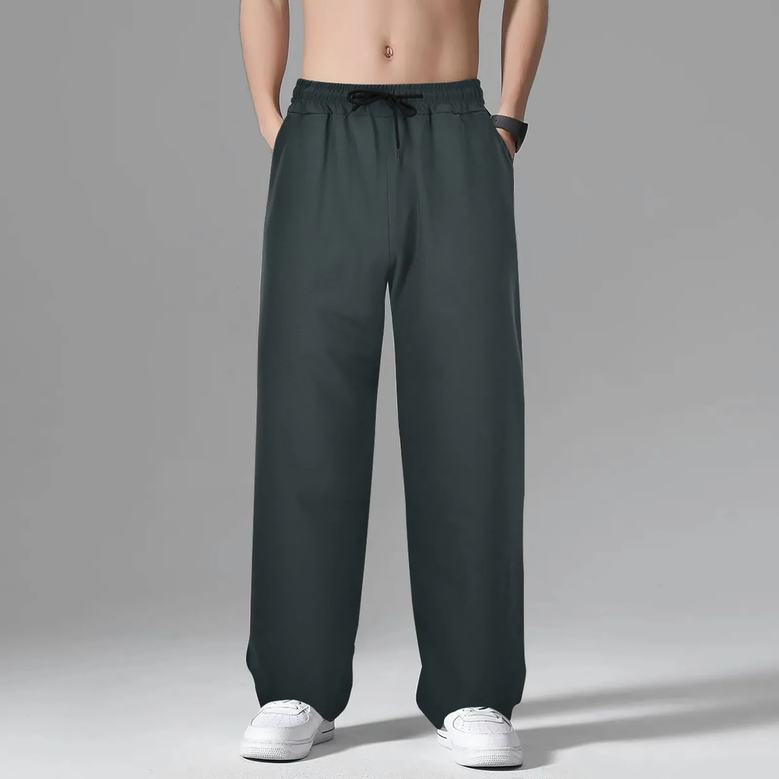 Ice Silk Men Joggers Sweatpants Y2k Streetwear Sportswear Jogging Gym Trousers Male Baggy Wide Leg Straight Pants 240806