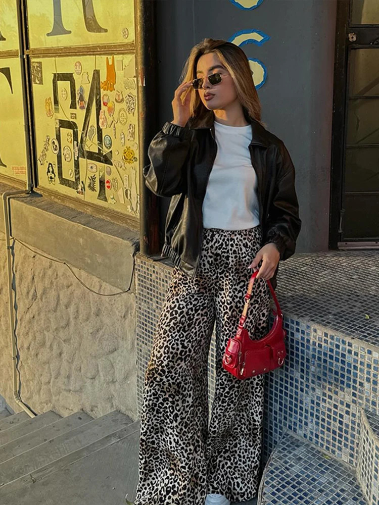 Vintage Leopard Print Pants Women Casual Loose Lace Up Wide Leg Trousers Female Summer Fashion All-match Lady Streetwear 240807