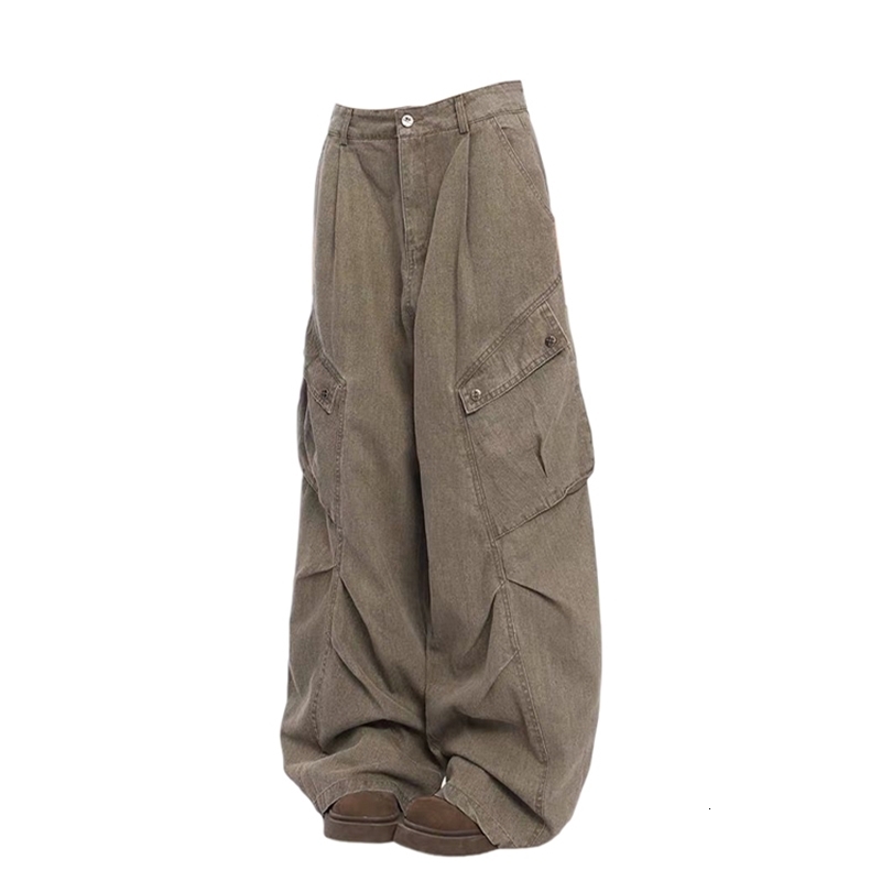 Womens Brown Y2k Cargo Jeans Baggy Harajuku 90s Aesthetic Denim Trousers Vintage Jean Pants Japanese 2000s Style Trashy Clothes 240806
