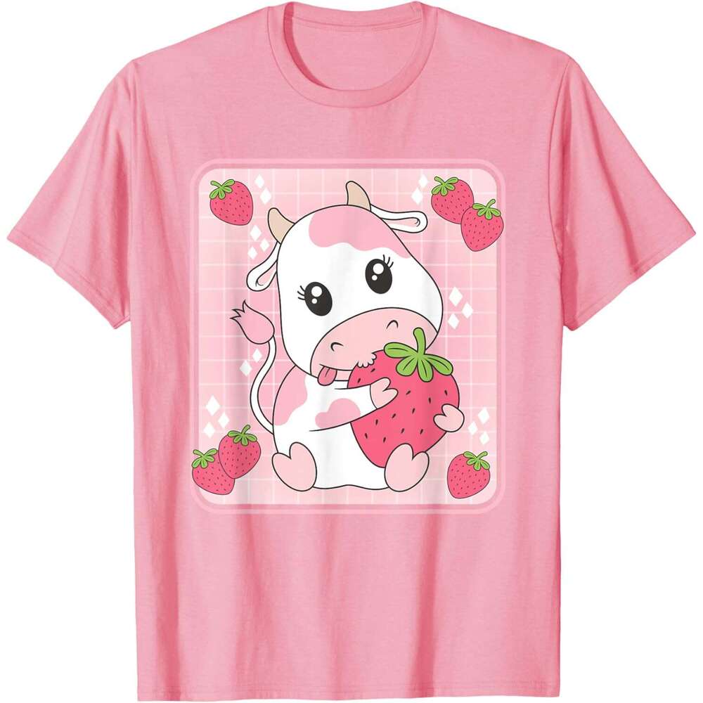Mens T shirt Cute Strawberry Milk Pink Cow Print Kawaii Aesthetic Animal T-Shirt shirts tshirt graphic tee Casual tops clothes Short sleeve Free shipp
