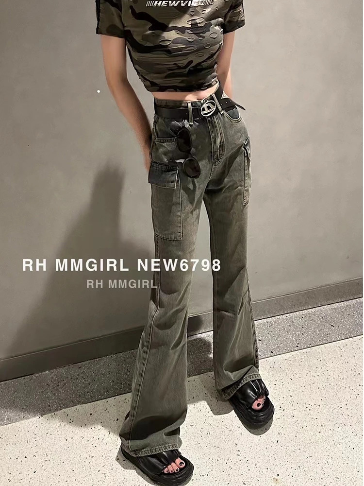Autumn Winter Women Korean Fashion Denim Bell Bottom Grunge Cargo Pants Vintage Flare Jeans Y2k Japanese Streetwear Punk Gyaru 240807