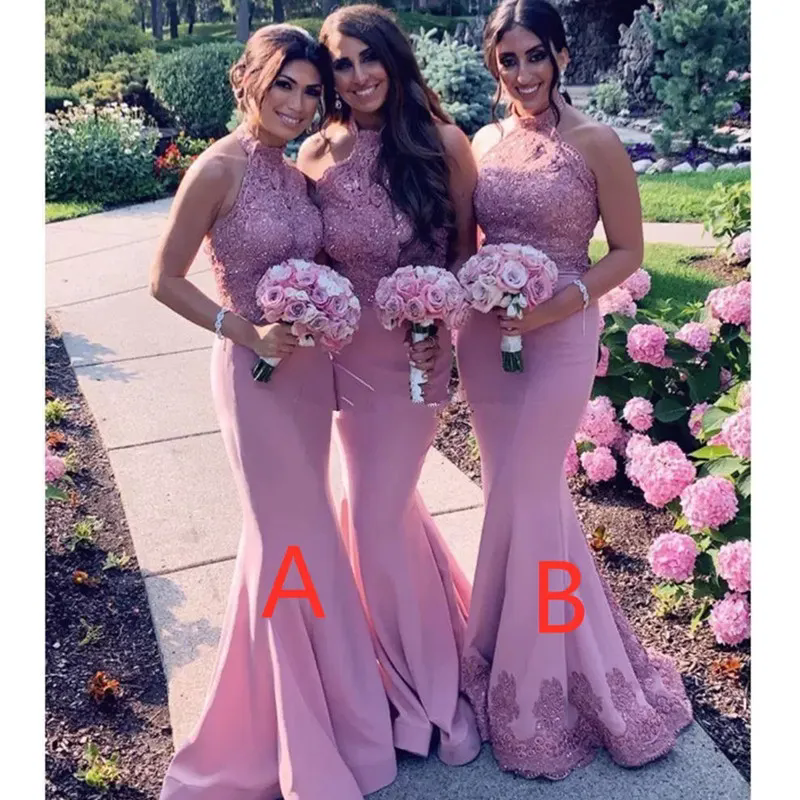 Halter Pink Mermaid Bridesmaid Dresses Sleeveless Evening Dress Beaded Wedding Guest Dress Sleeveless Maid of Honor Gown