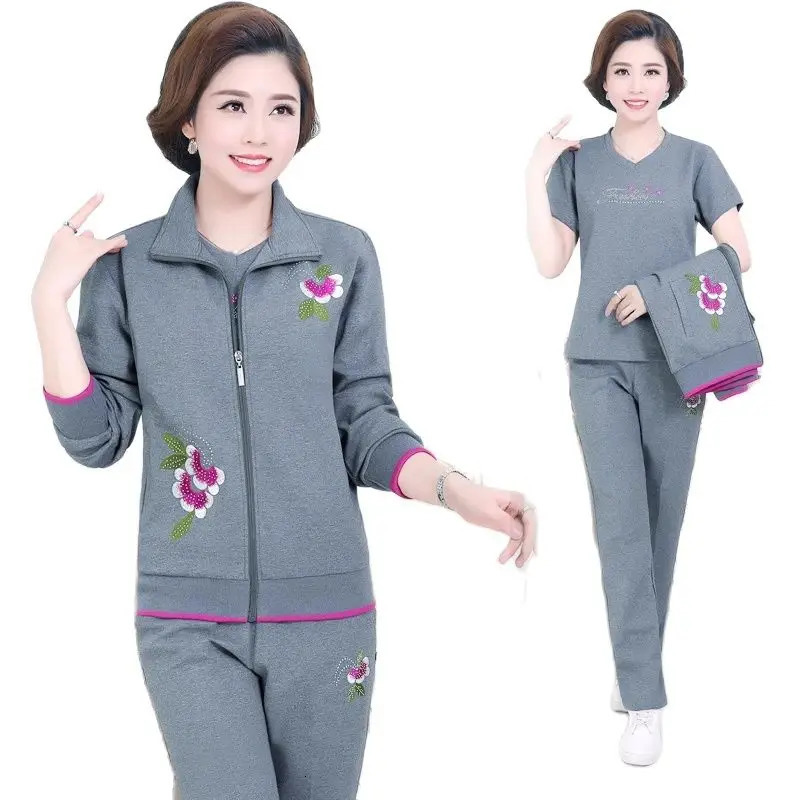 Leisure Sports suit female Large size Middle age clothing Autumn Fashion 3-piece set printing pants sporting suits 4XL 240807