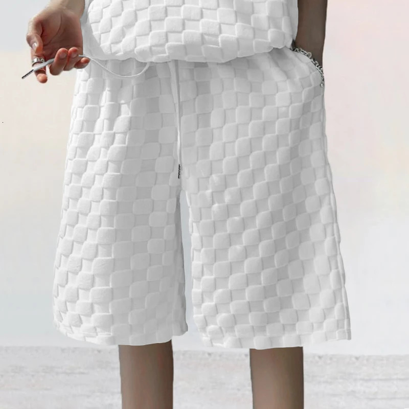 Checkerboard checkered jacquard ice silk short sleeve t-shirt set mens summer wear plus size draped five-point shorts two-piece 240813
