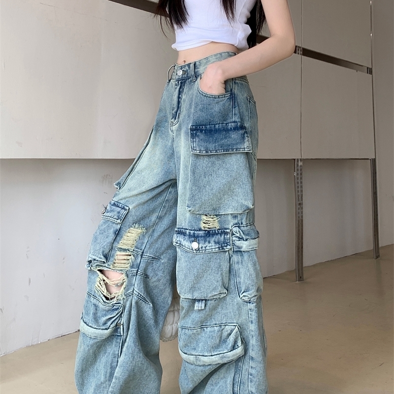 Women Streetwear Baggy 2000s Y2k Japanese American Vintage Hole Denim Pants Harajuku Long Trousers Cargo Jean Loose Vintage Dark 240806