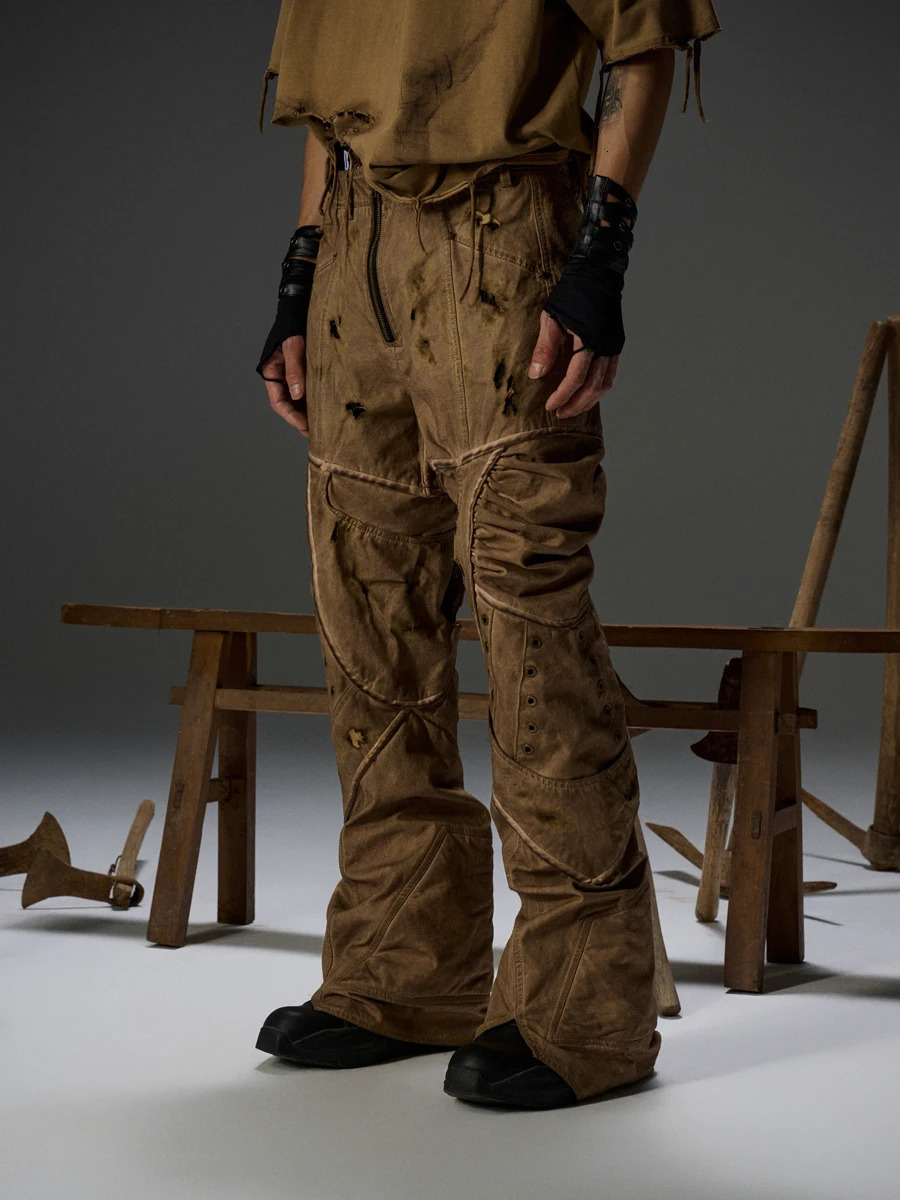 Style Men Washed Distressed Cargo Pants Dirty Dyeing High Waisted Straight Trousers 240806