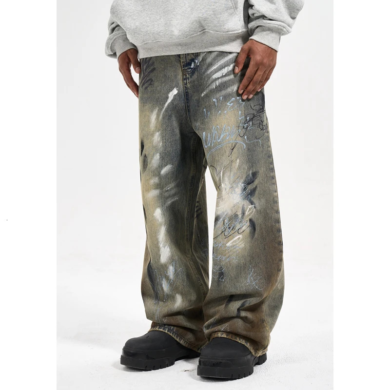 High Street hiphop Style Graffiti handpainted splashink Rags Dirty Wash wideleg Jeans Man 240806