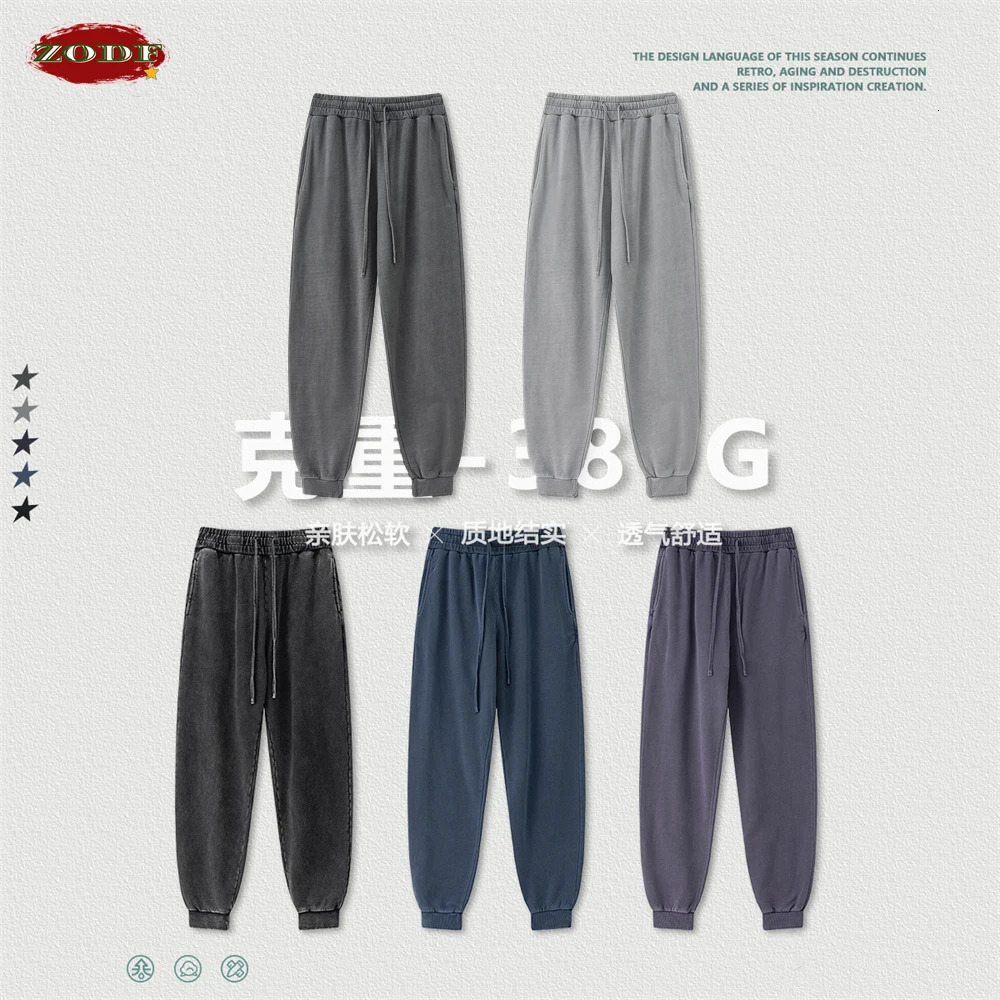 ZODF Retro Men Washed 380gsm 100% Cotton Sweatpant Unisex Loose Sport Solid Joggers Pants For Spring Autumn HY0901 240806