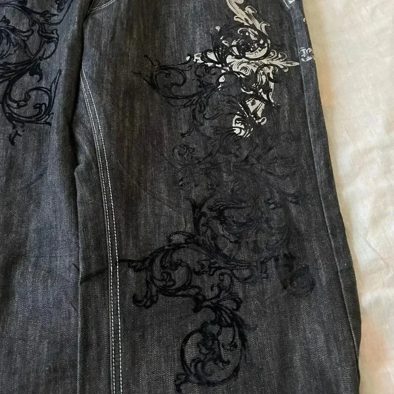American Retro Jeans Y2K Large Pattern Denim Loose Gothic High Waist Wide Pants Street Clothing 240819