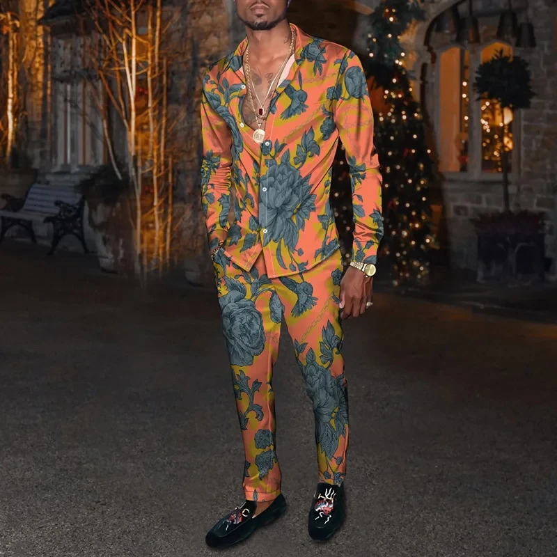 Fashion Mens Casual Sportswear 3D Printed Flower Pattern Breathable Mens Lapel Long Sleeve Shirt Long Pants Two Piece Set 240813