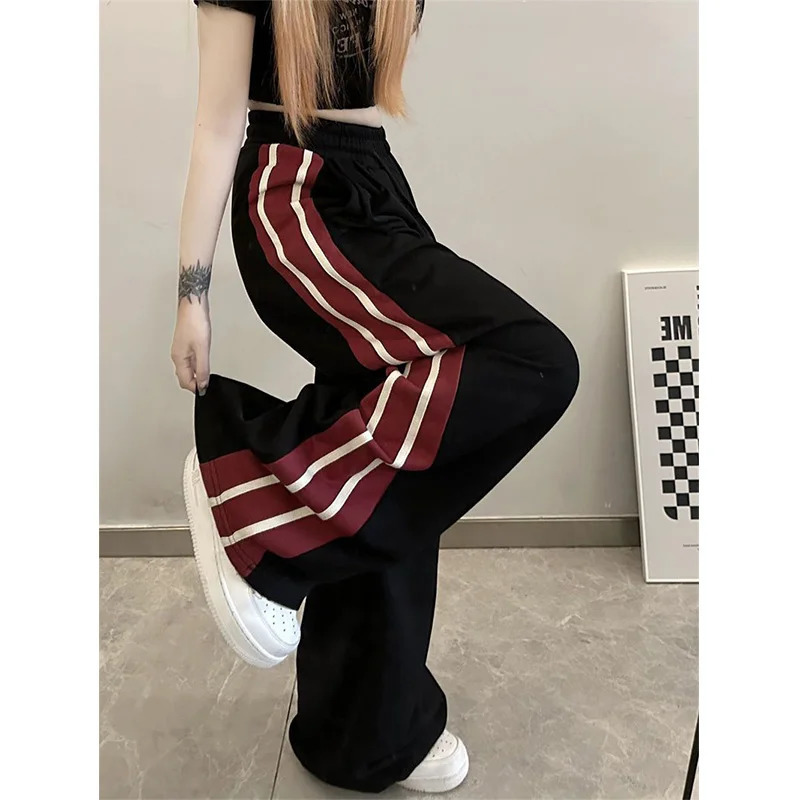 Summer High Street American Casual Pants Women Korean Version Loose Fitting Stripe Print Drawstring Patchwork Pockets Trousers 240807