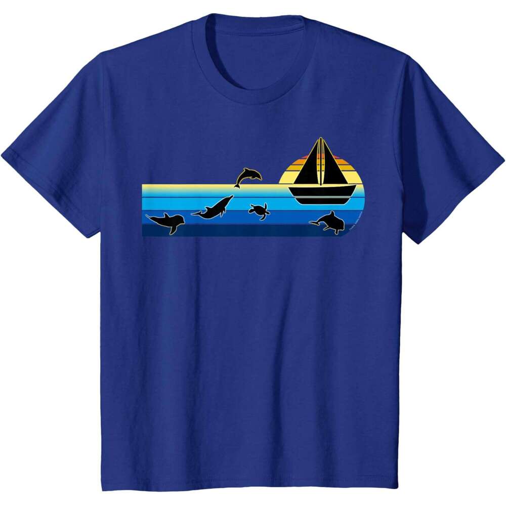 Mens T shirt Nautical Sunrise Sailboat with Dolphins Beach Summer Sailing T-Shirt shirts tshirt graphic tee Casual tops summer clothes Short sleeve Fr