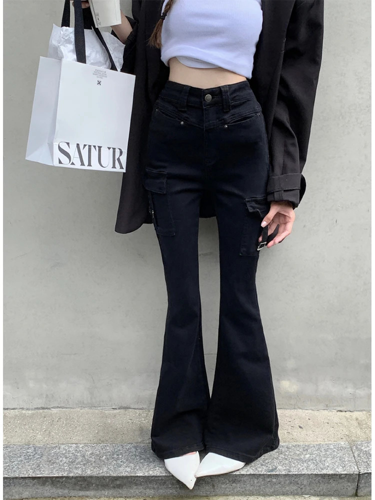 Women Japanese Streetwear Low Rise Flare Jeans 2000s Aesthetic Y2k Black Denim Pants Bell Bottom Gyaru Harajuku Fashion Vintage 240807