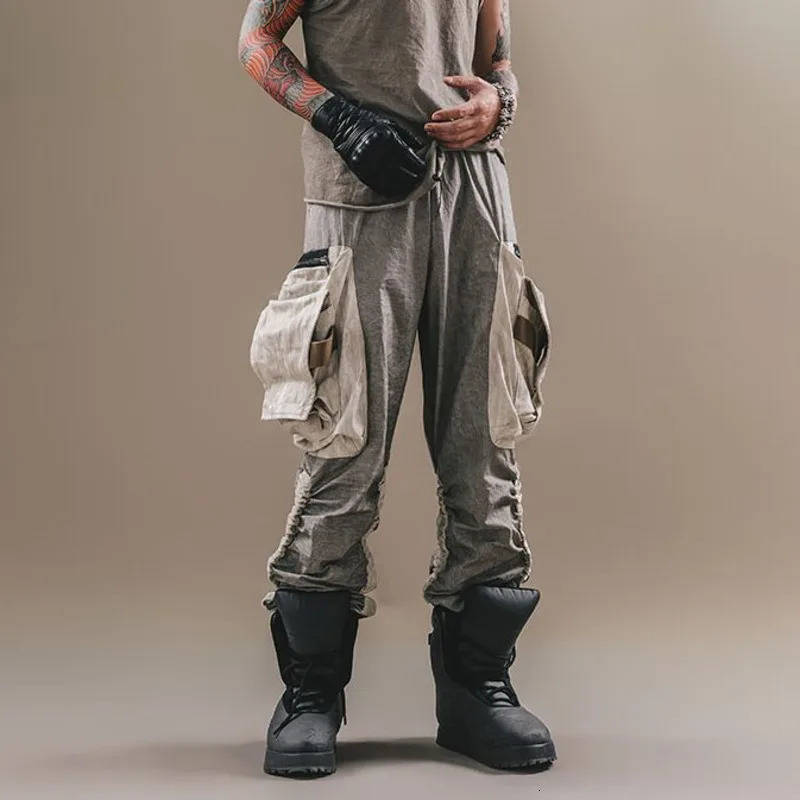 HKSH Mens Dark Doomsday Tactical Multi Pockets Waste Land Overalls Vintage Craft Folding Stacking Tie Foot Cargo Pants HK0119 240806