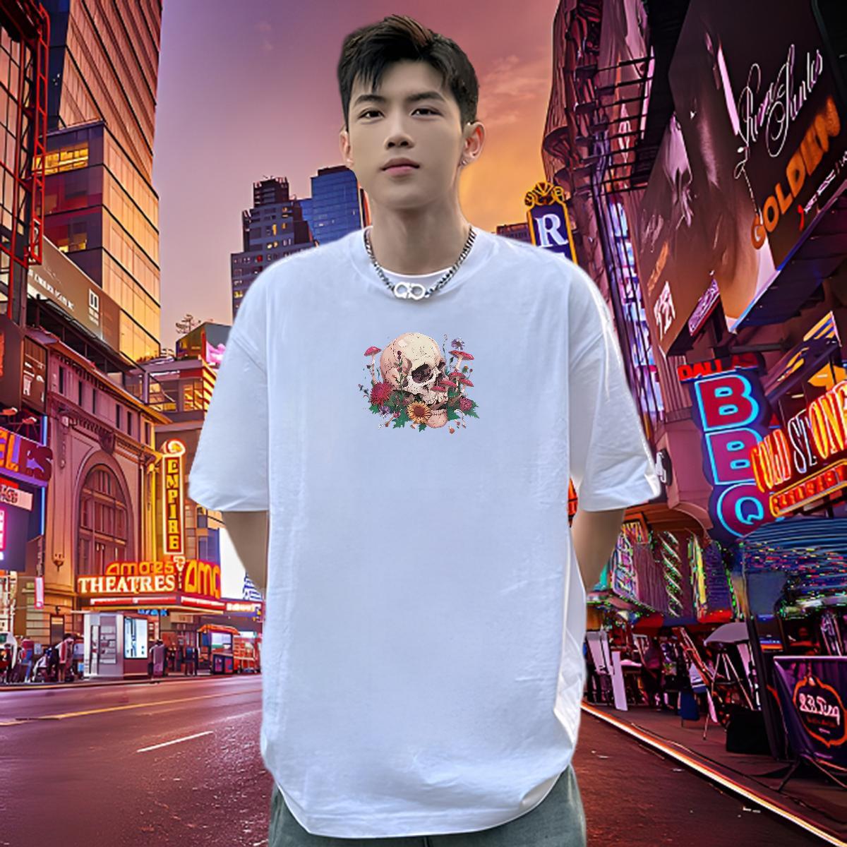 Custom T-Shirts for Men skull Tees 230g Cotton Street Wear Popular Black White Pure Cotton Men Clothes T-Shirt