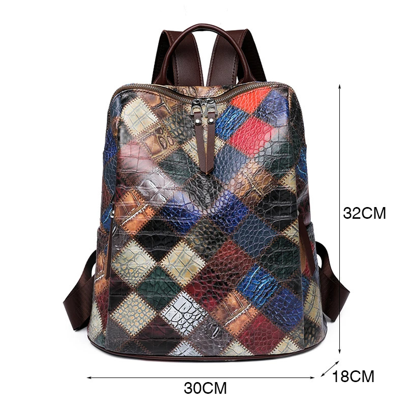 Fashion Plaid Backpack Womens Soft Leather Daypack Large Rucksack Travel Bag 240807