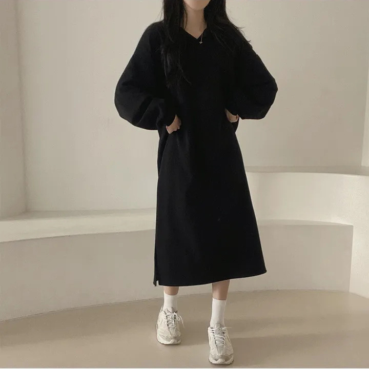 Korean version solid color autumn/winter POLO collar, spring/autumn internet famous new plush, loose lazy style, long and chubby mm dress
