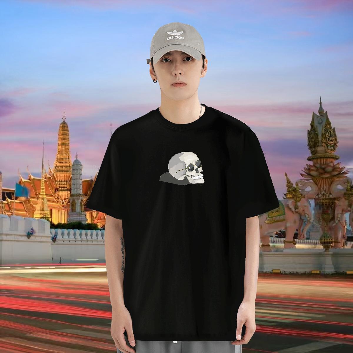Casual New T Shirt For Man skull Tees 230g Pure Cotton Beach Loose Fit Plus Size Custom Short Sleeve O-Neck Men Tops Tees