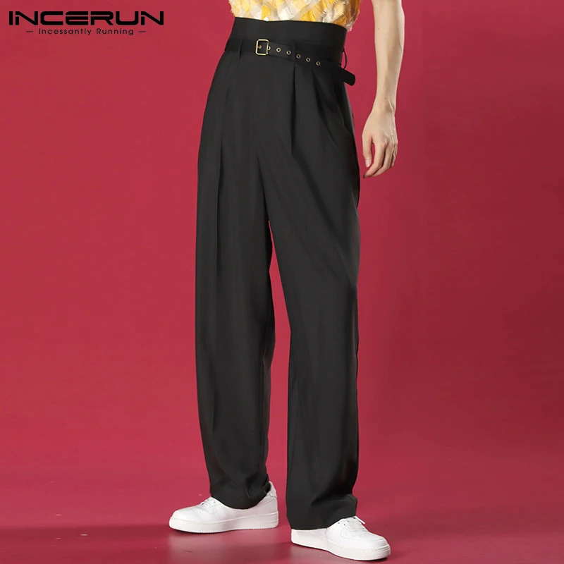 INCERUN Men Straight Pants Solid Color High Waist Streetwear Fashion Trousers Joggers Loose Casual Pantalon No Belt S5XL 240806