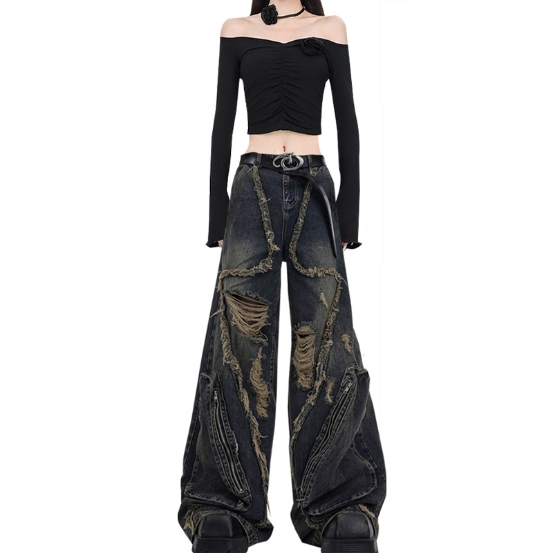 Women Black Gothic Cargo Jeans Harajuku Y2k Japanese 2000s Style Aesthetic Emo Denim Trousers Jean Pants Vintage Trashy Clothes 240806