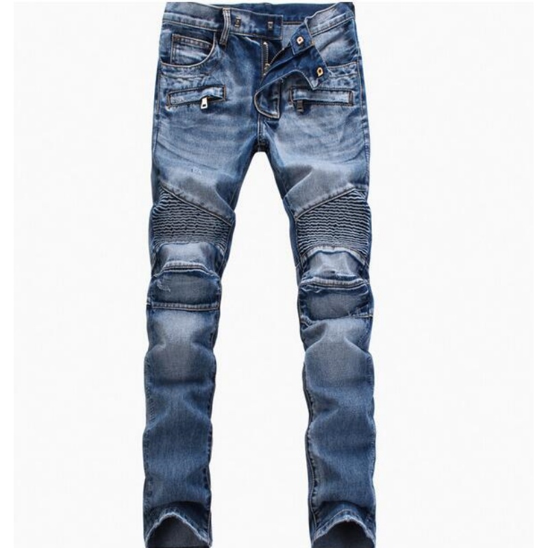 Men's Jeans Men Blue Male Stretch Fit Denim Long Folds Trousers Good Quality Straight Slim Pants Size 42