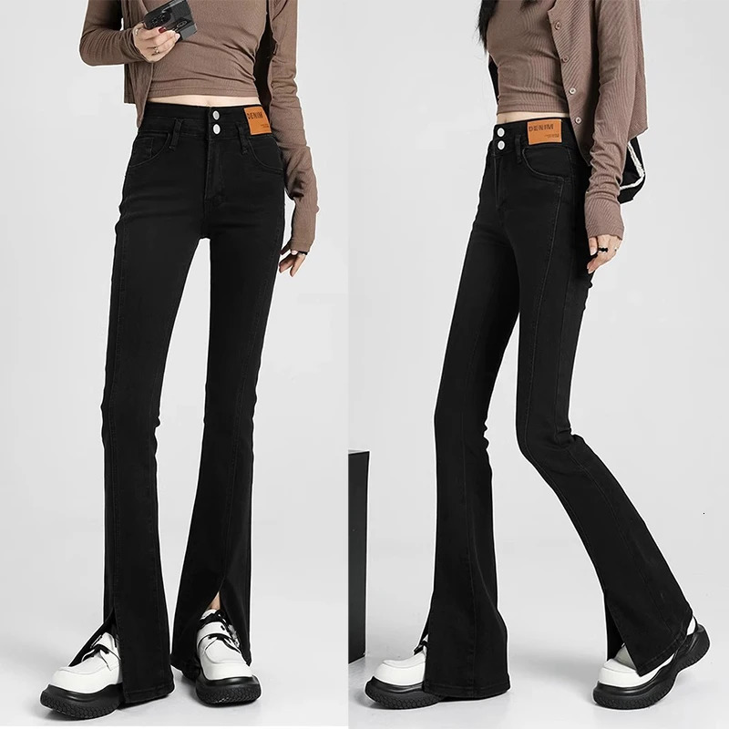 Woman High Waist Trashy Y2k Clothes Slit Bell Bottom Jeans Girls Fashion Baggy Flare Pants Lady Slim Fit Black Denim Trousers 240807