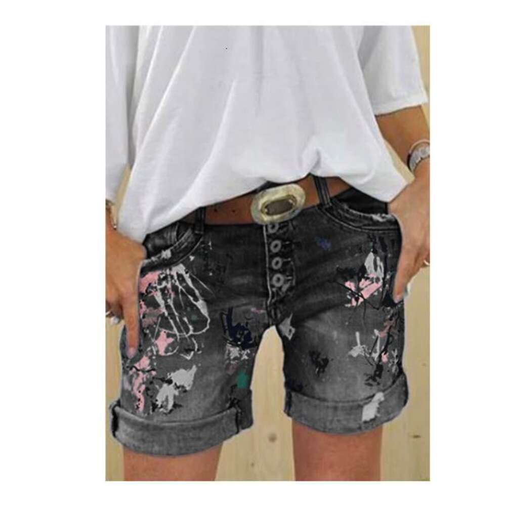 Summer new shorts, washed printed denim jeans, women's clothing