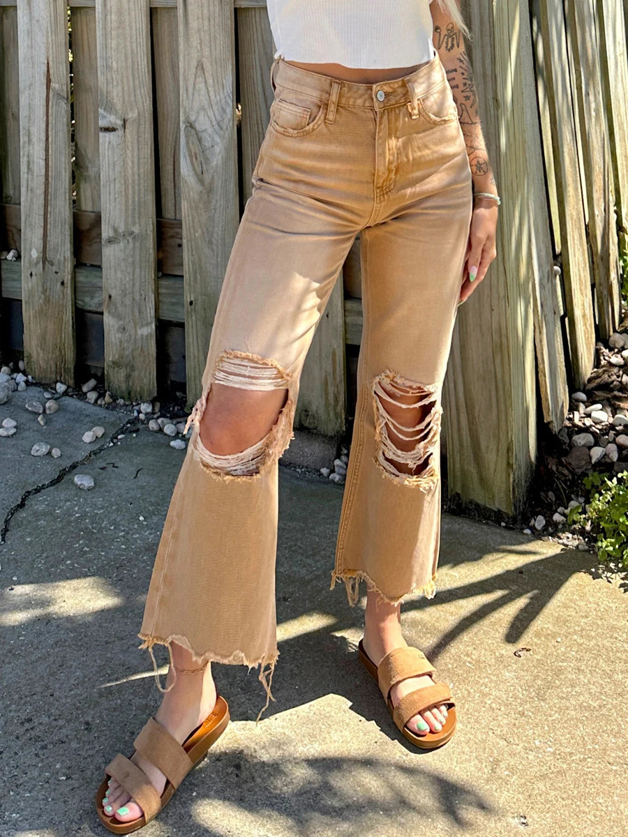 Women s Ripped Jeans High Waisted Cut Out Casual Raw Hem Denim Flared Trousers Pants Bell Bottom Y2K Streetwear 240807
