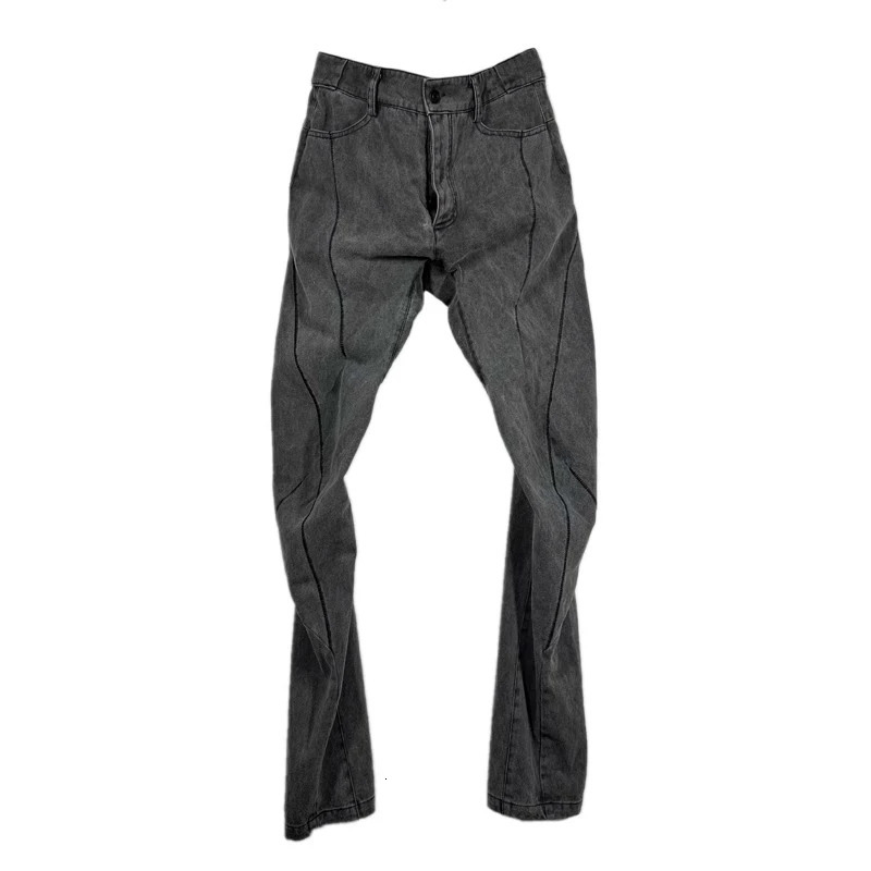 Sand Style Spiral Curve Cutting Straight Casual Pants Men Washed Distressed Grey Trousers 240806