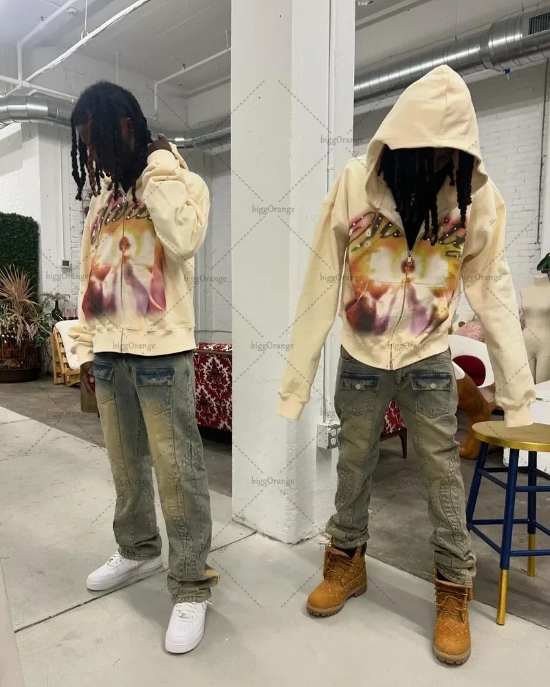 Haruku European and American Retro Zipper Hoodie Men Y2k Letter Graffiti Print Oversized Sweatshirt Versatile Jacket Women 240806