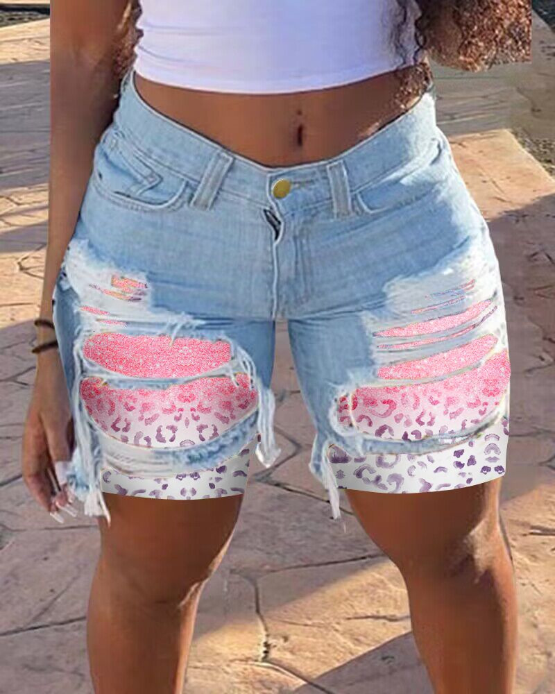 2024 spring/summer new denim with patch fabric, women's personality, street style, perforated straight leg shorts