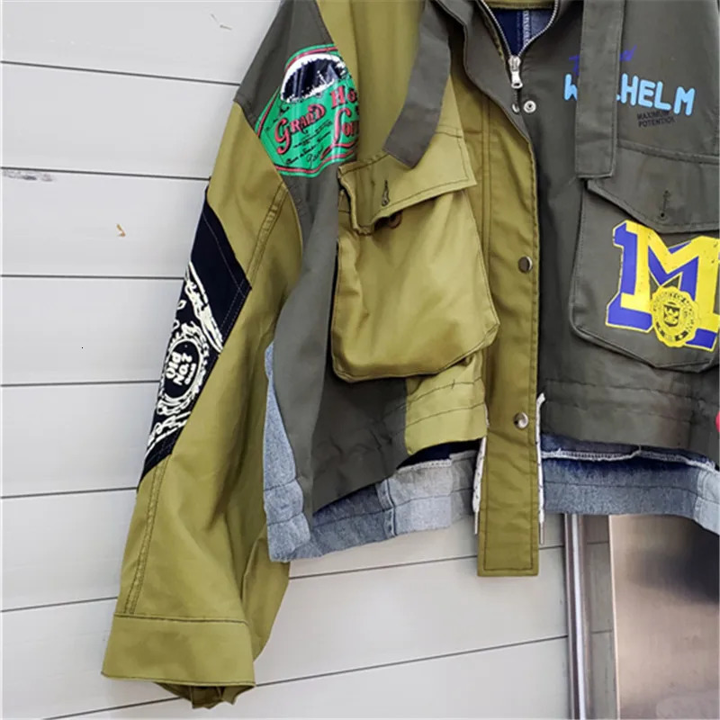 Army Green Print Jeans Splice Jacket Women Outerwear Streetwear Autumn Loose Short Big Pocket Long Sleeve Denim Jacket Female 240806
