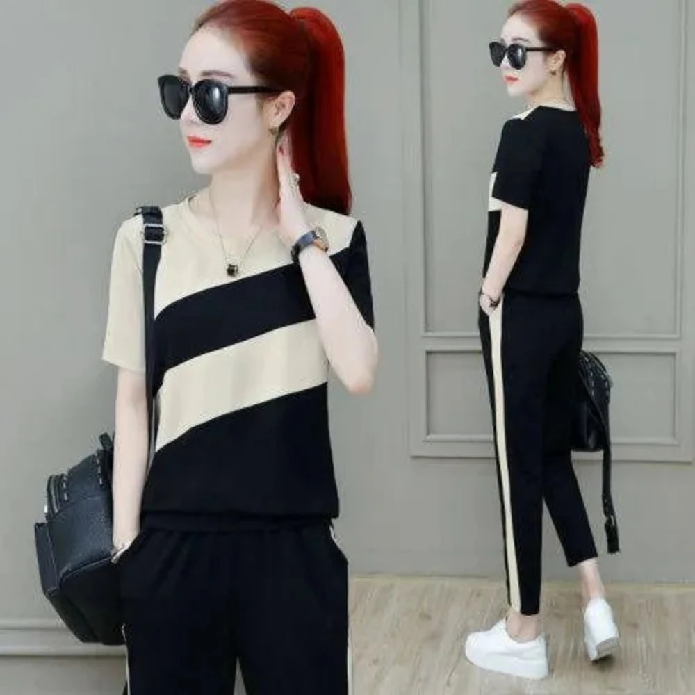 Womens Sports Suit Spring Summer Korean Loose Short Sleeve Tops And Pants Two Piece Set Student Casual Running Outfits 240807