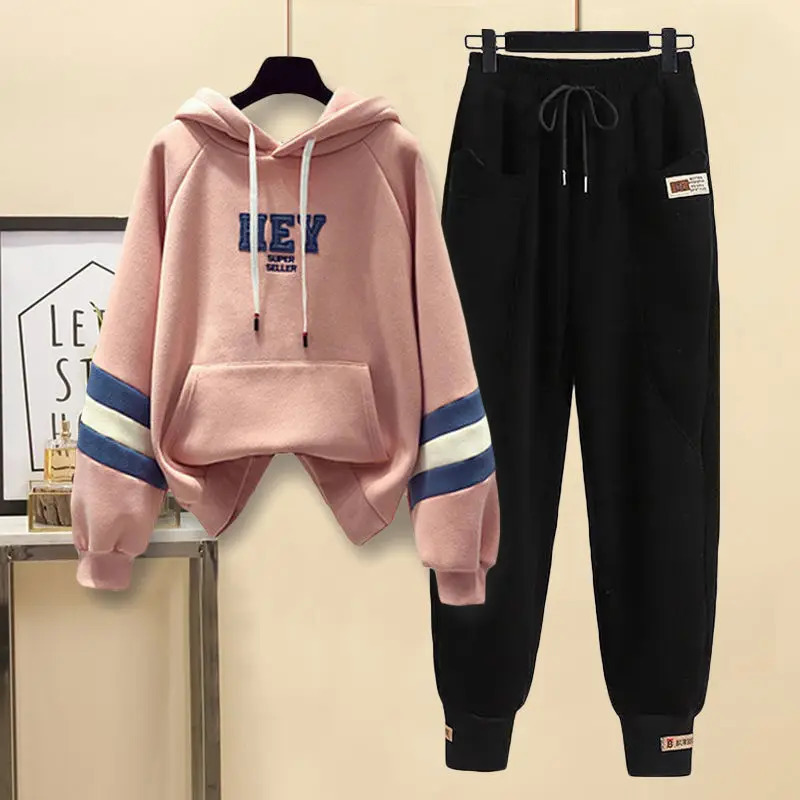 Summer Contrast Stitched Letter Printed Hoodieloose Casual Work Clothes Trousers Two-piece Set Womens Sports Running Suit 240807