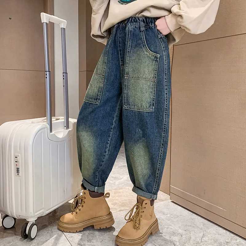 Jeans Teen Girls Jeans New Fashion Spring Fall Soft Denim Harem Pants Letter Print Trousers Kids Elastic Waist Blue Jeans 5 - 16Years