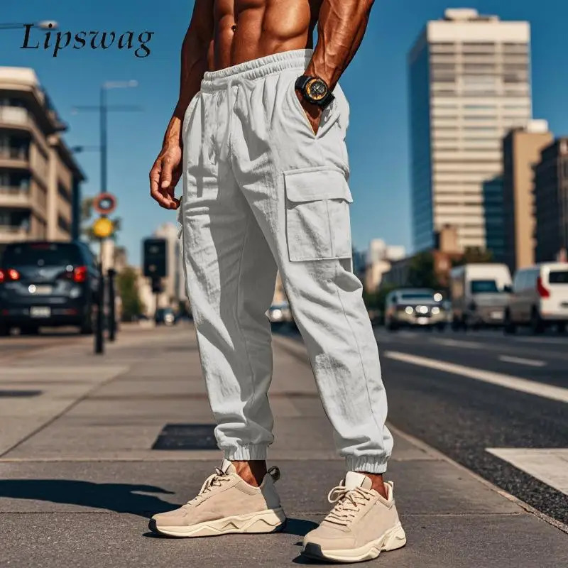 Vintage Loose Drawstring Mens Cotton Pants Stylish Solid Color Breathable Cargo Streetwear Fashion Pocket Men 240806