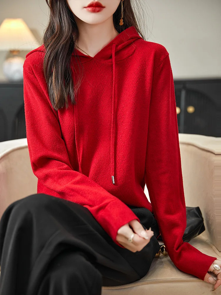 Australian Wool Pullover Hoodie O-Neck Solid Color Knitwear Hoodie Long Sleeved Knit Sweater Women Fashion Leisure Style Top 240807