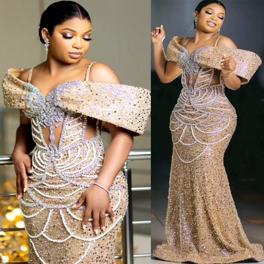 2024 Plus Size Gold Mermaid Prom Dress Lacefull Promdress Crystals Beaded Evening Formal Party Second Reception Birthday Engagement Gowns Dresses ZJ64