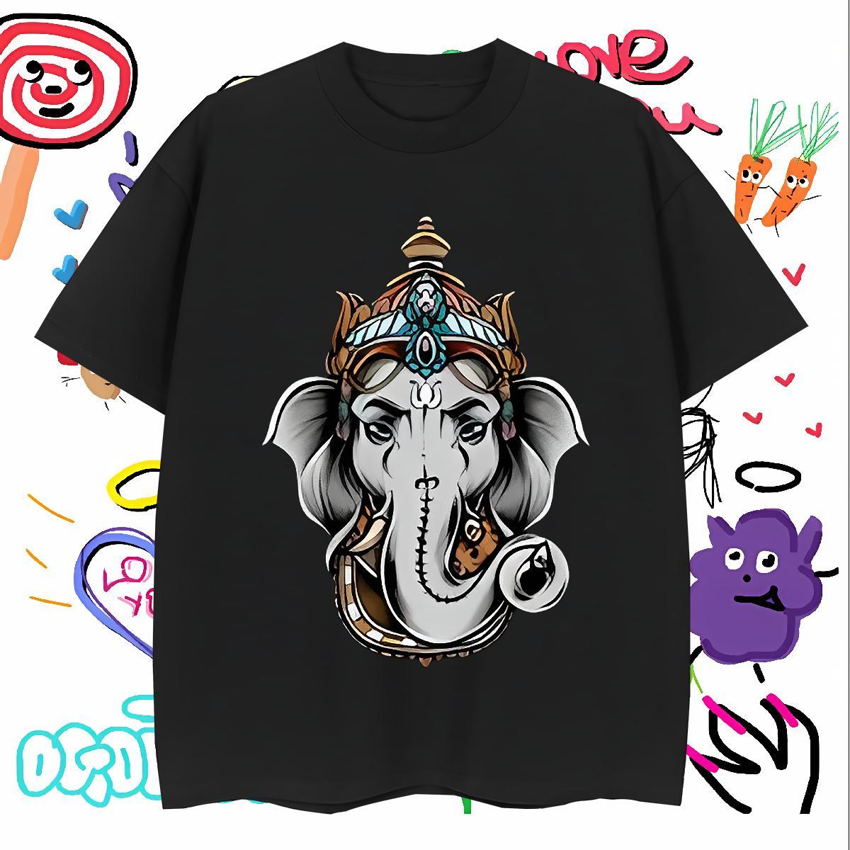 Wholesale Mens T Shirts Ganesha Tops Shirt 230g Pure Cotton Hip Hop TOP Quality Asian Size Short Sleeve O-Neck Couples T Shirts