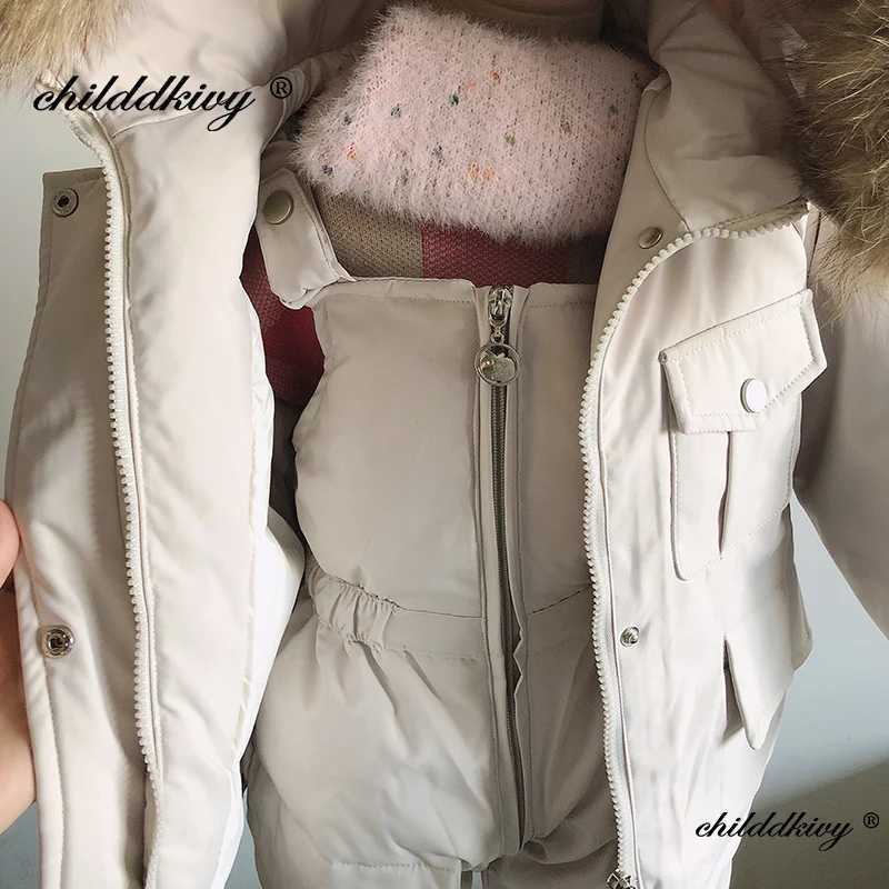 2-piece childrens winter down jacket and jumpsuit baby thick jacket girls jacket warm real fur collar boys snow jacket 0-4Y X2411151