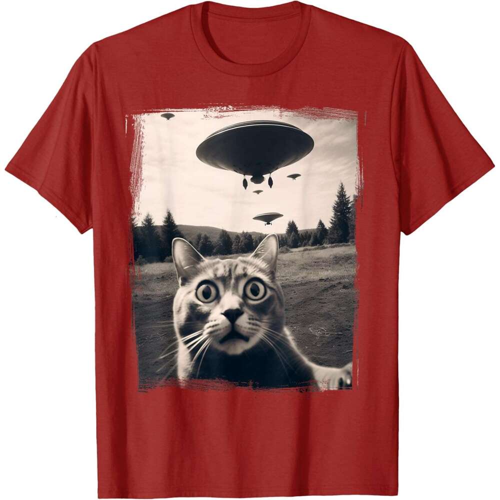 Mens T shirt Selfie Alien Invasion Meme Funny Kitten Cute Cat T-Shirt shirts tshirt graphic tee Casual tops clothes Short sleeve